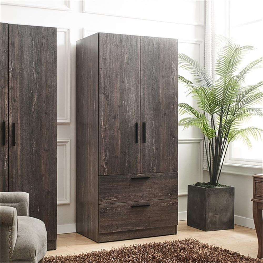 AndMakers Brook Two-Door Wood Closet with Two Drawers and Hanging Bars in Dark Brown