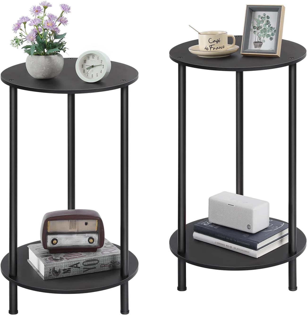 Small Round Side Table, End Tables Living Room Set of 2, Black Night Stands for Bedrooms, Small Side Table for Small Spaces，2 Tiers Modern Side Table with Storage Shelf, Easy to Assemble