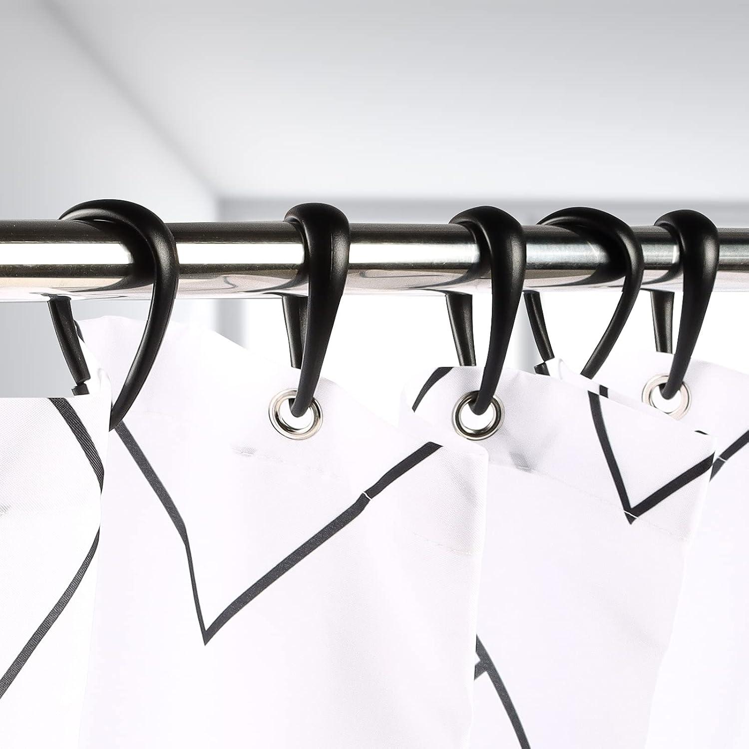 Top-spring Shower Curtain Hooks Black Plastic Shower Curtain Rings, Drop Shaped Shower Hooks for Curtain Bathroom Shower Rod - Set of 12