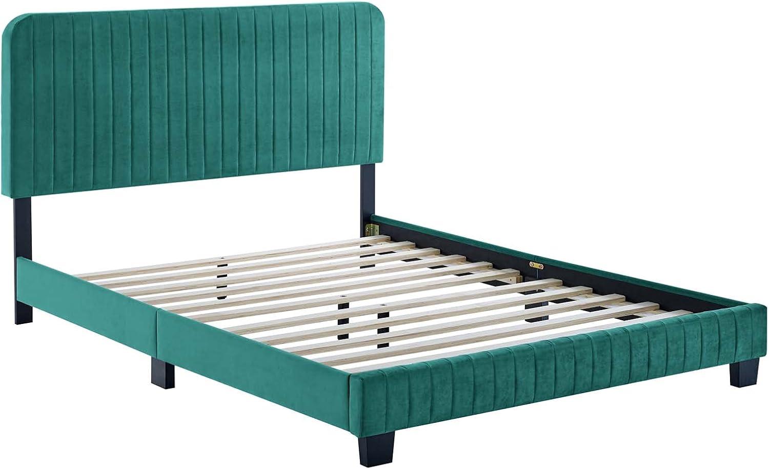 Modway Celine Channel Tufted Performance Velvet Full Platform Bed in Teal Green