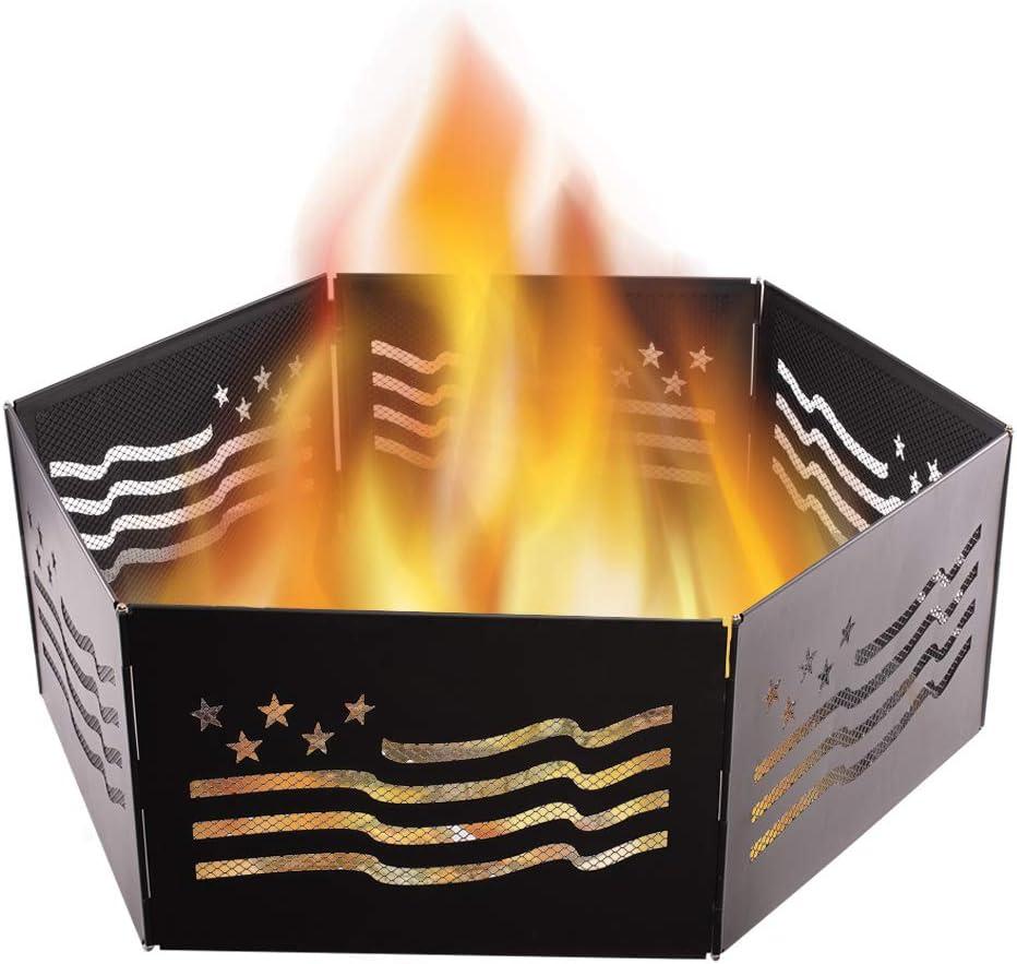 Blue Sky Outdoor Living 36" x 12" Zion Portable Folding Fire Ring, Stars and Stripes, Black