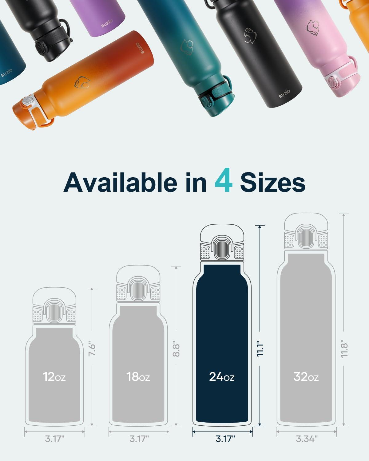 Buzio 32 oz Insulated with Straw & Brush Vaccum Stainless Steel Metal 3 Lids Water Flask for Sports, Gym or Office Keep Cold 48H Hot 24H，Pacific Prince