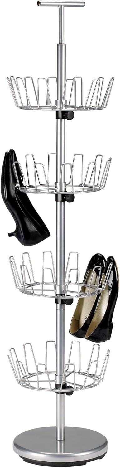 Household Essentials 4 Tier Shoe Tree Silver: Iron Frame Shoe Rack, Holds 24 Pairs, Freestanding Shoe Storage Solution