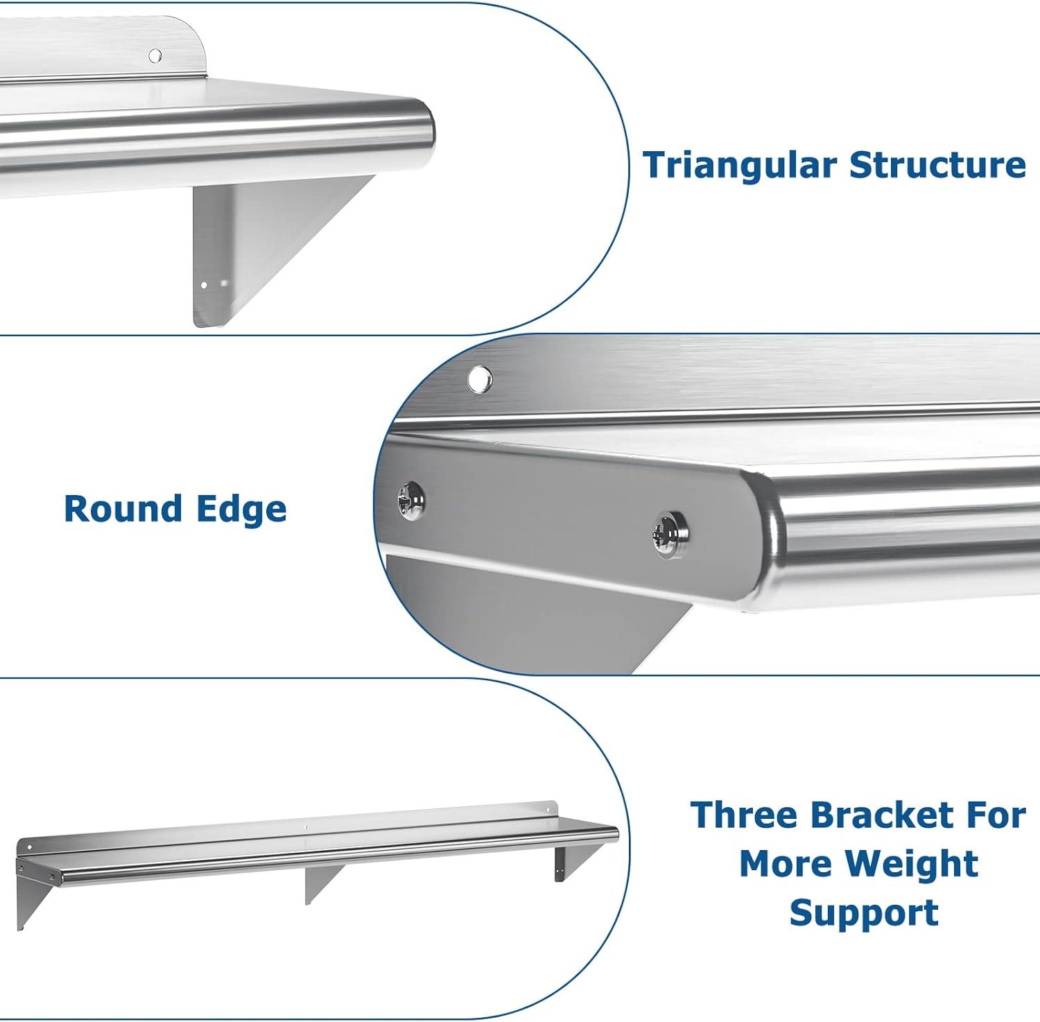 Silver Stainless Steel 12" x 72" Wall Mount Shelf with Backsplash