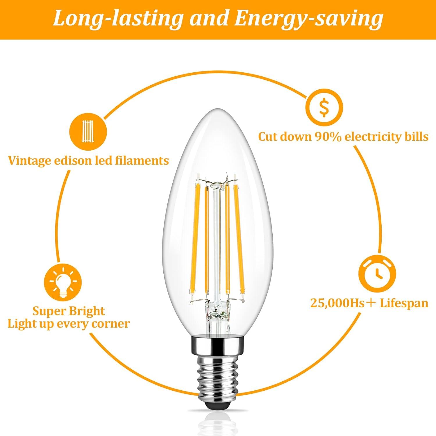 Dimmable Warm White LED Filament Chandelier Bulbs, 6-Pack