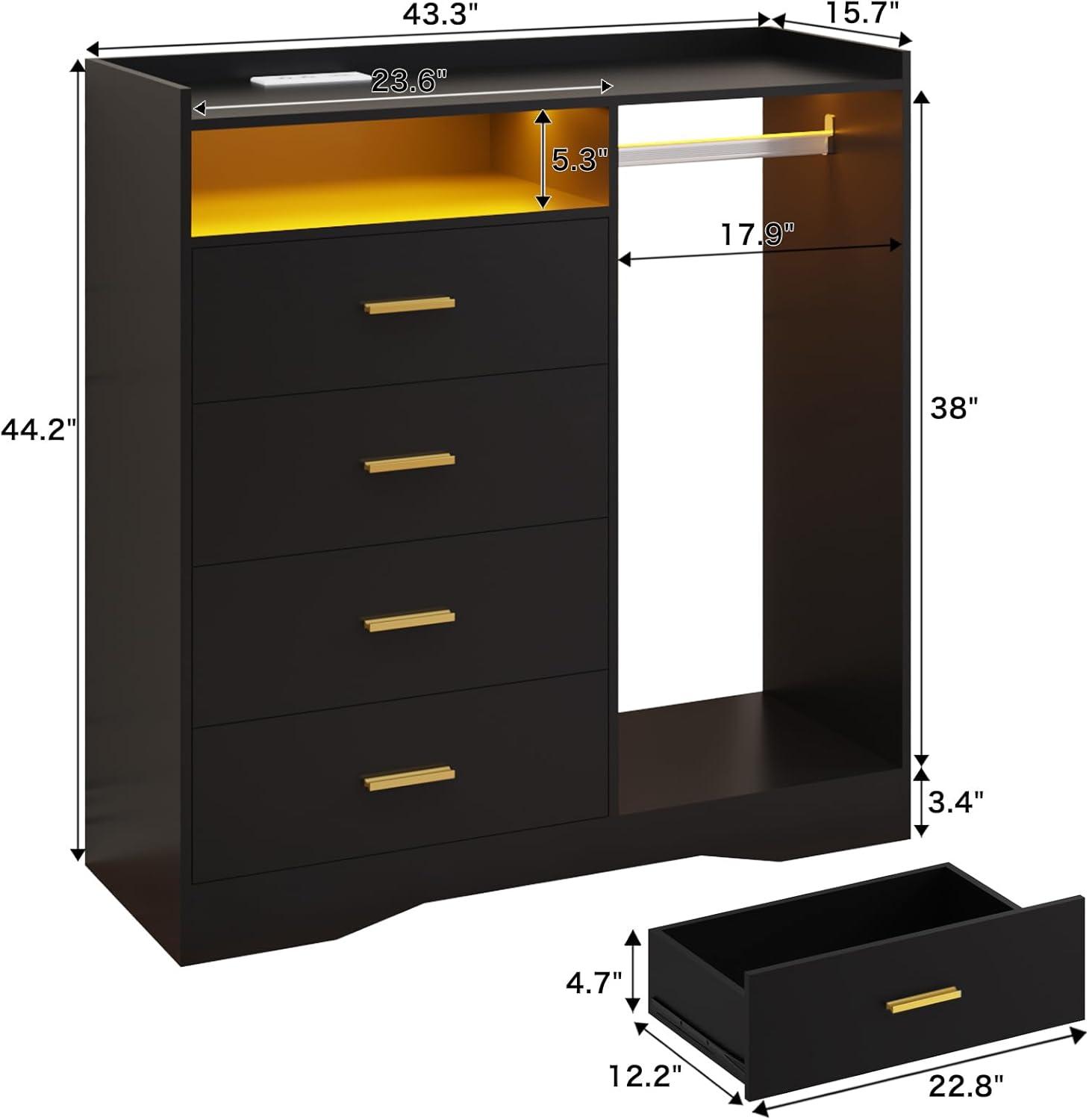 4 Drawer Dresser with Clothing Rack and LED Lights, Modern LED Dresser for Bedroom, Black