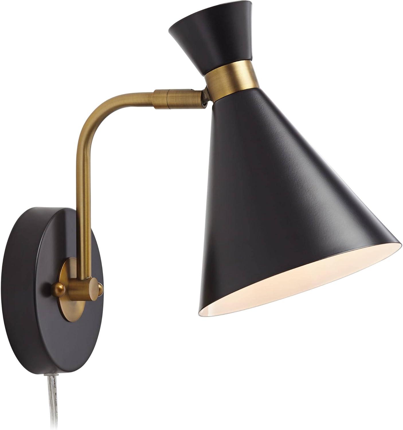 360 Lighting Venice Mid Century Modern Wall Lamps Set of 2 Matte Black Brass Plug-in 6 1/4" Light Fixture Cone Shade for Bedroom Reading Living Room