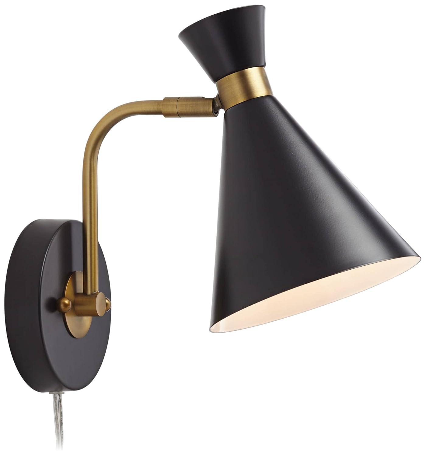 360 Lighting Venice Mid Century Modern Wall Lamps Set of 2 Matte Black Brass Plug-in 6 1/4" Light Fixture Cone Shade for Bedroom Reading Living Room