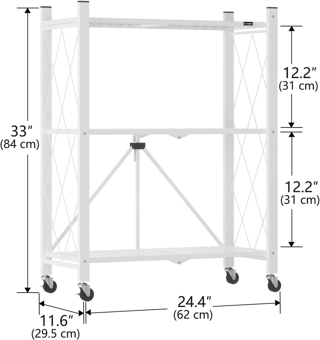 3-Tier Storage Shelves with Wheels, Folding Bookshelf No Assembly, Metal Display Shelf for Balcony, Kitchen, Basement, Pantry, White