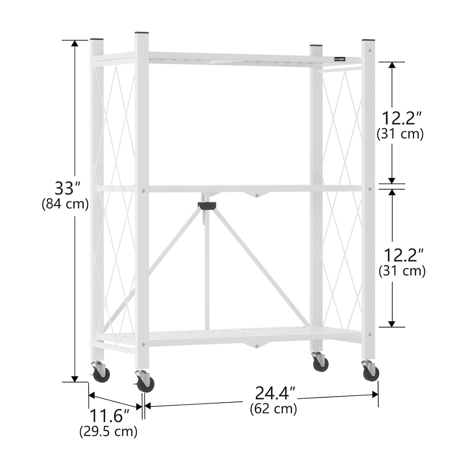 3-Tier Storage Shelves with Wheels, Folding Bookshelf No Assembly, Metal Display Shelf for Balcony, Kitchen, Basement, Pantry, White