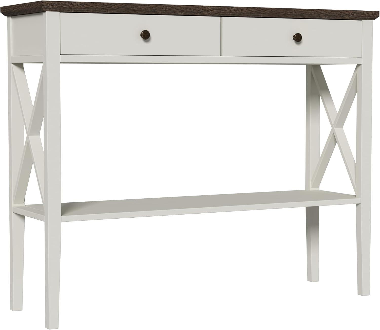 White and Dark Brown Rectangular Console Table with Drawers and Shelf