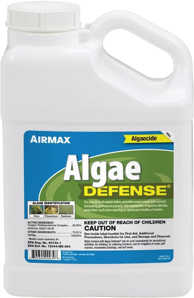 Airmax Algae Defense Pond Algae Control Treatment, For Clearer Pond Water, EPA Registered Algaecide Water Treatment, Safe for Use in Ponds Containing Fish and Plants, Treats 8000 sq ft, 1 Gallon
