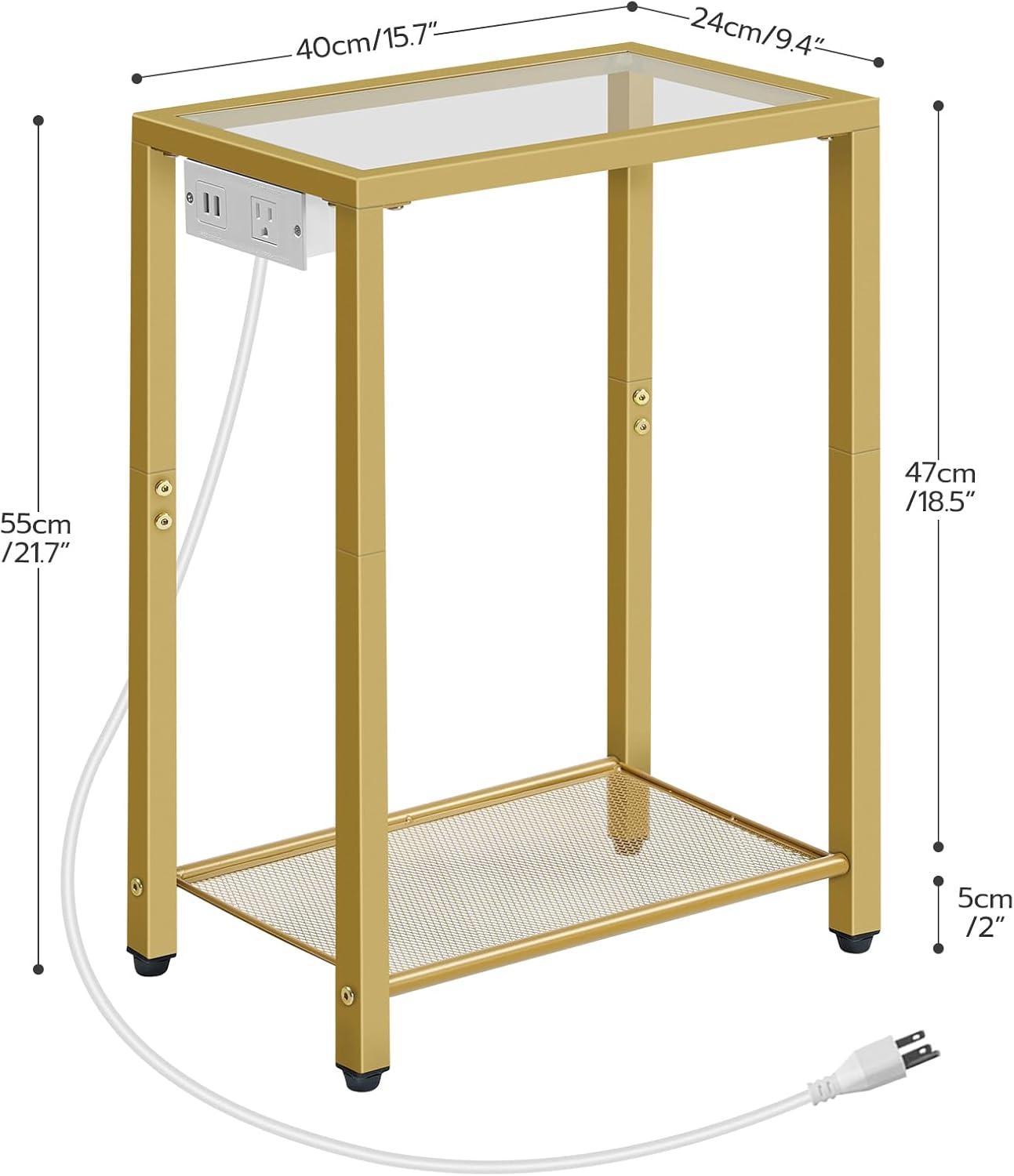 Side Table with Charging Station, Set of 2 End Tables with USB Ports, Nightstand for Tight Spaces, Tempered Glass, Modern Metal Frame, for Office, Bedroom, Living Room, Gold