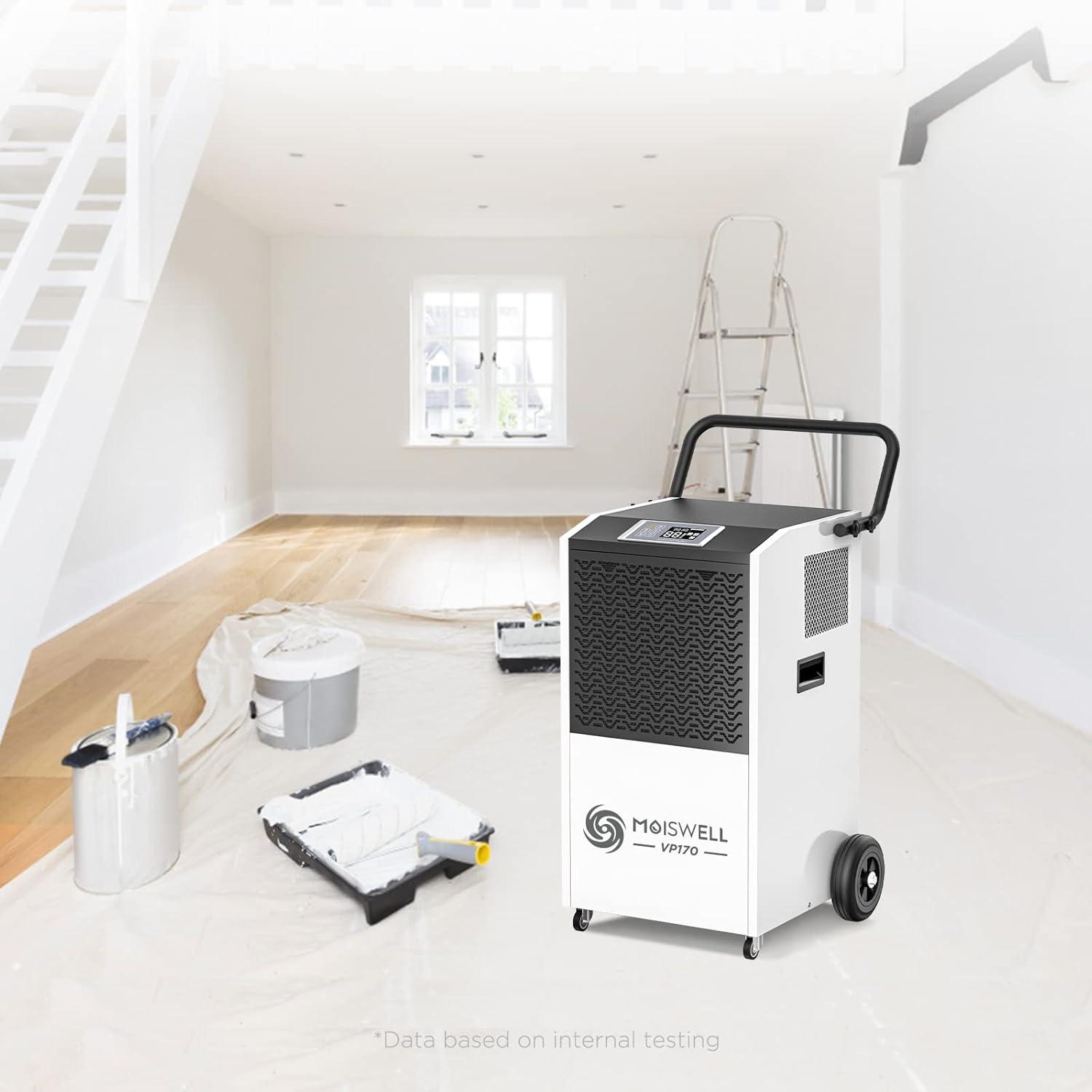 Moiswell 170 Pints Commercial Dehumidifier with Pump and Drain Hose - Ideal for Industrial Site, Basements, Water Damage Unit for Large Spaces up to 7,500 Sq Ft - Auto Defrost, Memory Starting