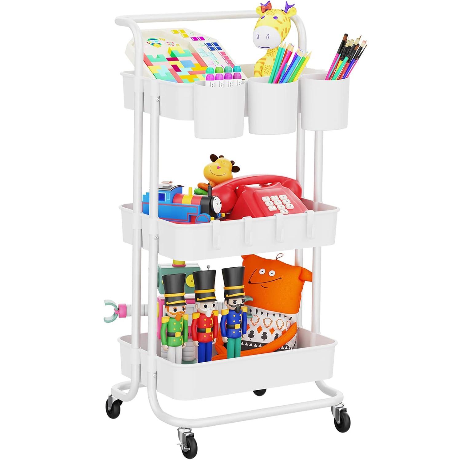 3-Tier Metal Rolling Cart Utility Cart Storage Cart with Lockable Wheels, 3 Hanging Cups & 4 Hooks for Office, Kitchen, White