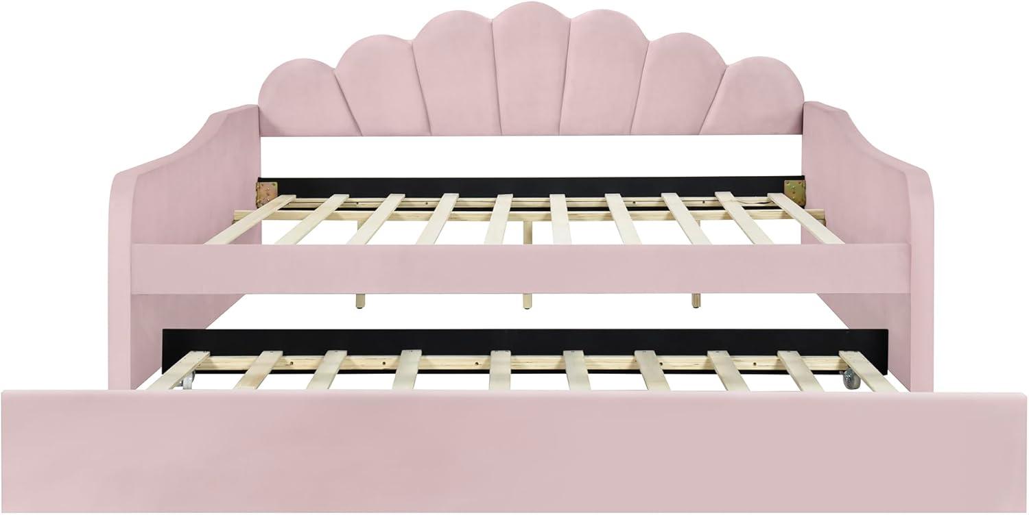 Elitezip Full Size Upholstered Daybed with Trundle, Velvet Upholstered Daybed with Shell Shaped Backrest, Full Daybeds for Adults, Modern Daybed Frame for Bedroom, Living Room, Guest Room, Pink