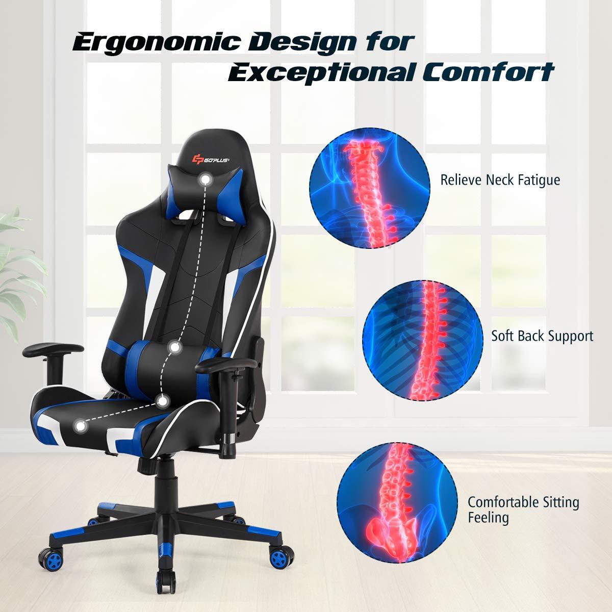 Costway Massage Gaming Chair Reclining Swivel Racing Office Chair w/Lumbar Support Blue