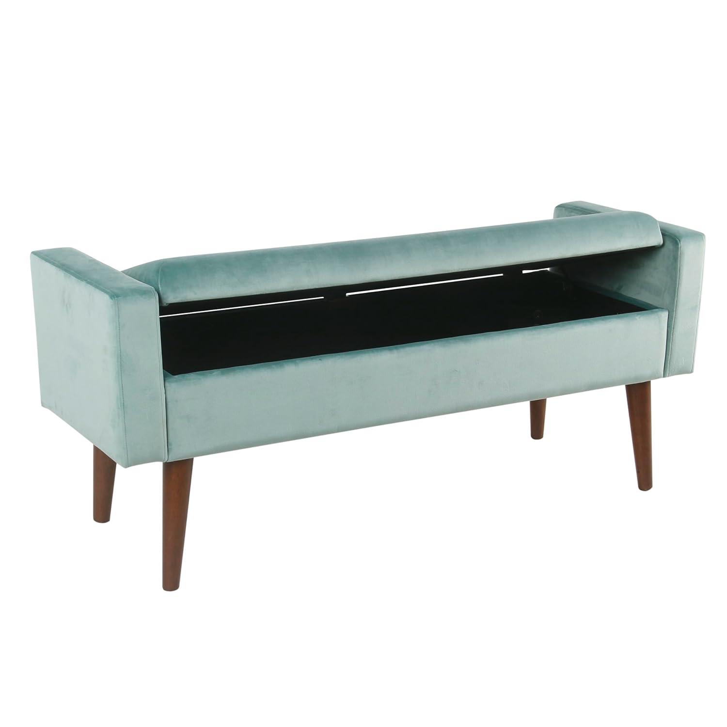 HomePop Fulton Velvet Storage Bench Aqua Blue: Mid-Century, Hinged Lid, Upholstered, Plywood Frame