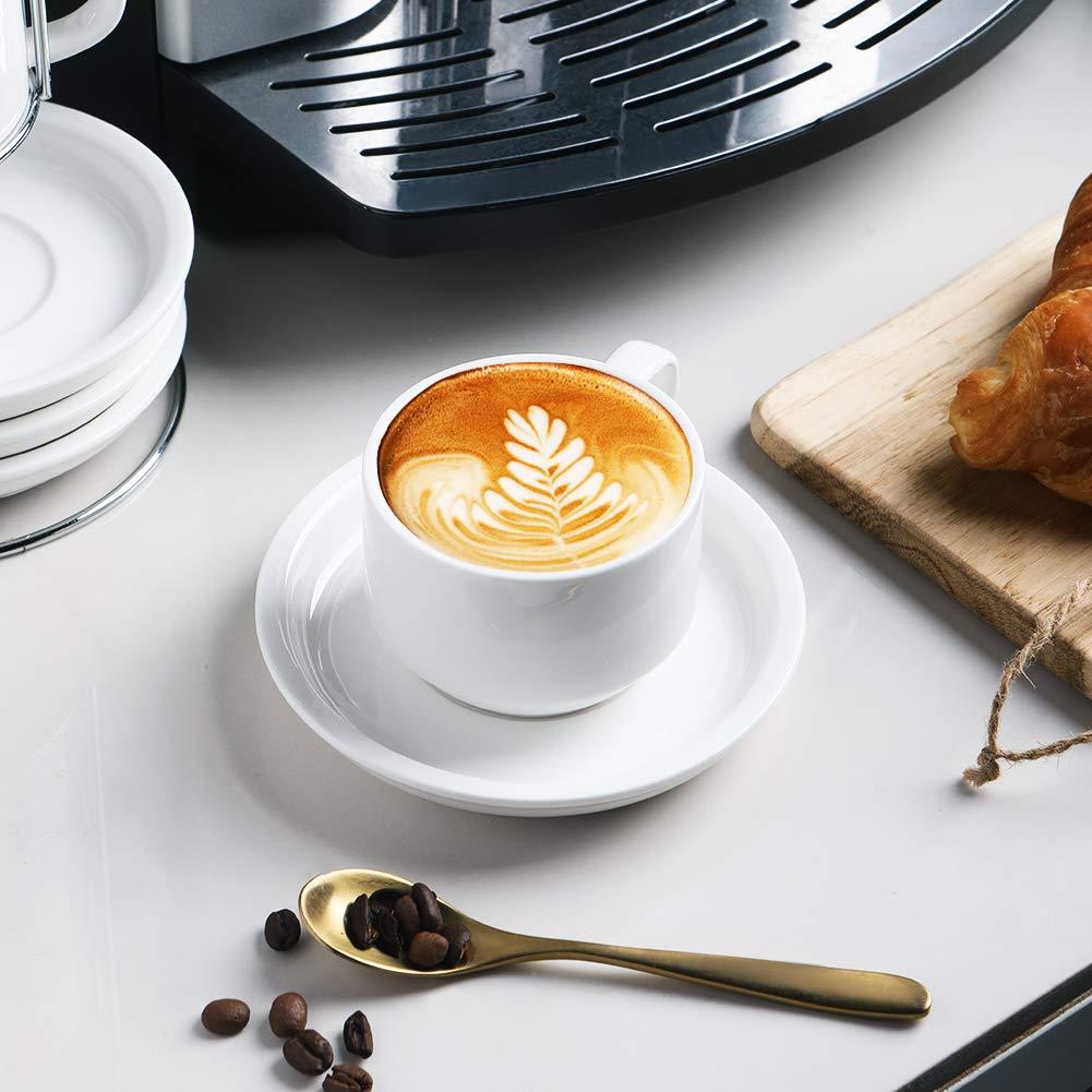 Yedio Porcelain 4 oz Espresso Coffee Cups with Saucers and Metal Stand, Porcelain White Stackable Cappuccino Cups Set of 4