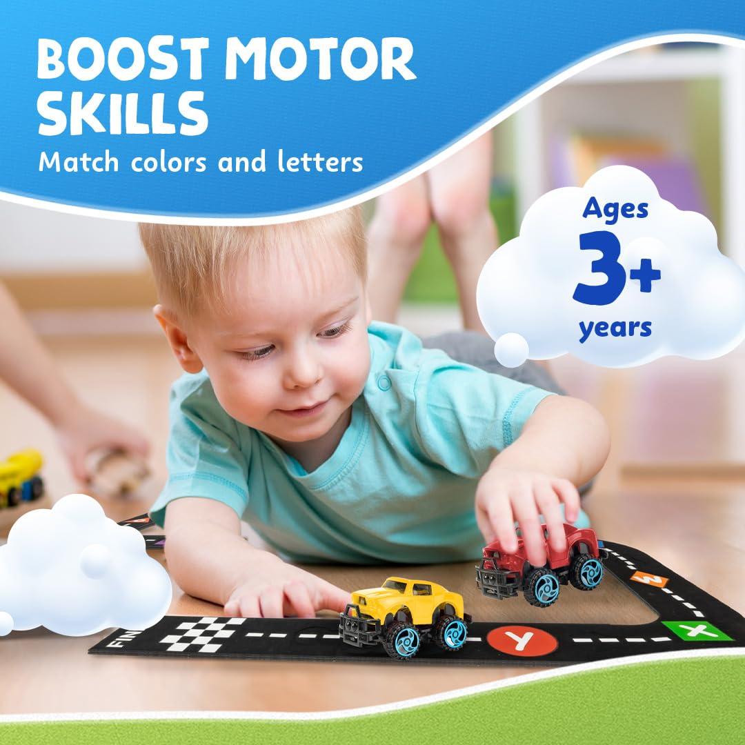 Skoolzy AlphaTracks Alphabet Race Car Track 41-Piece Set with Flexible Felt Racing Tracks ABC Montessori Toys Preschool Activities Includes Letters & Numbers for Kids Recognition Skills Includes eBook