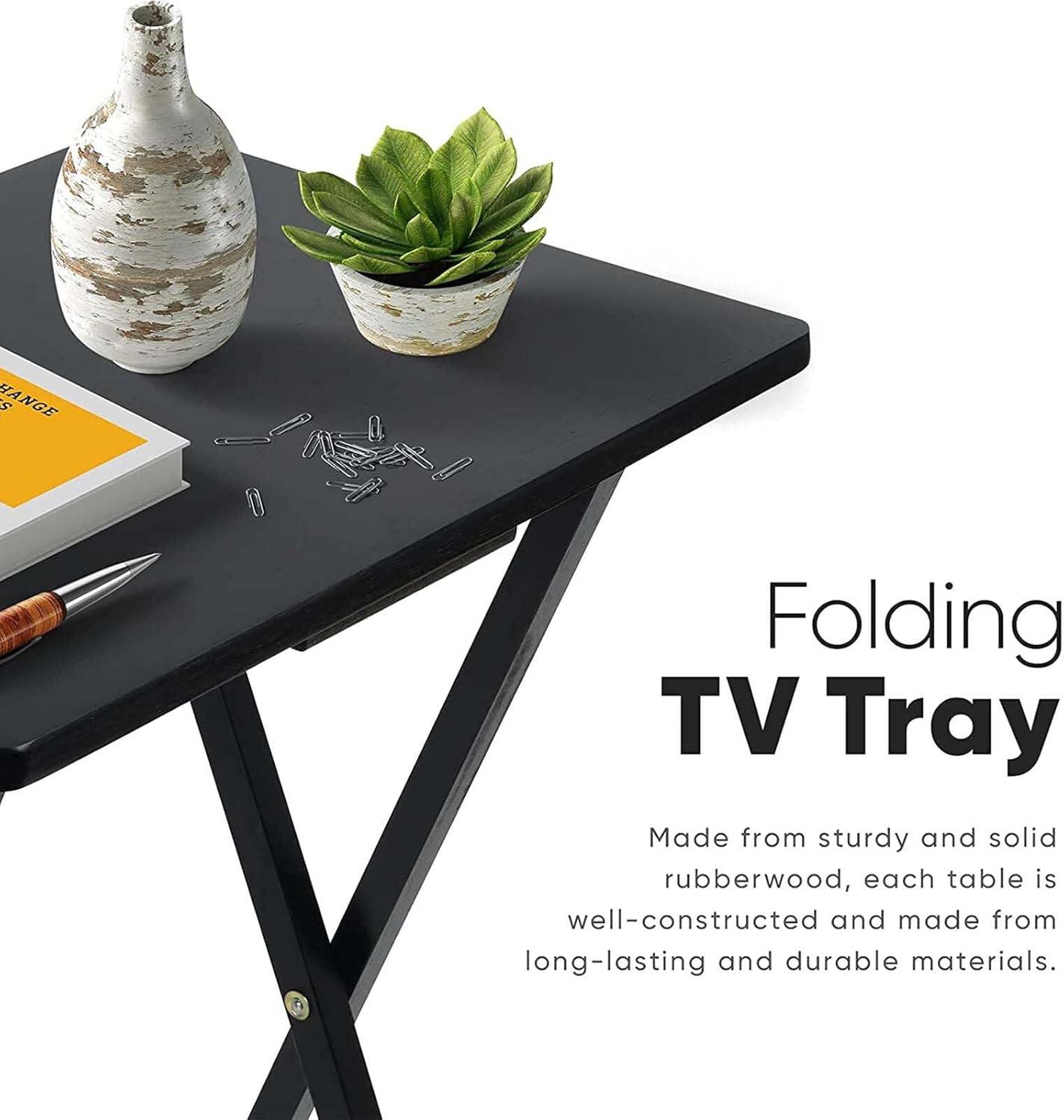 Black Solid Wood Folding TV Tray Tables Set with Storage Rack