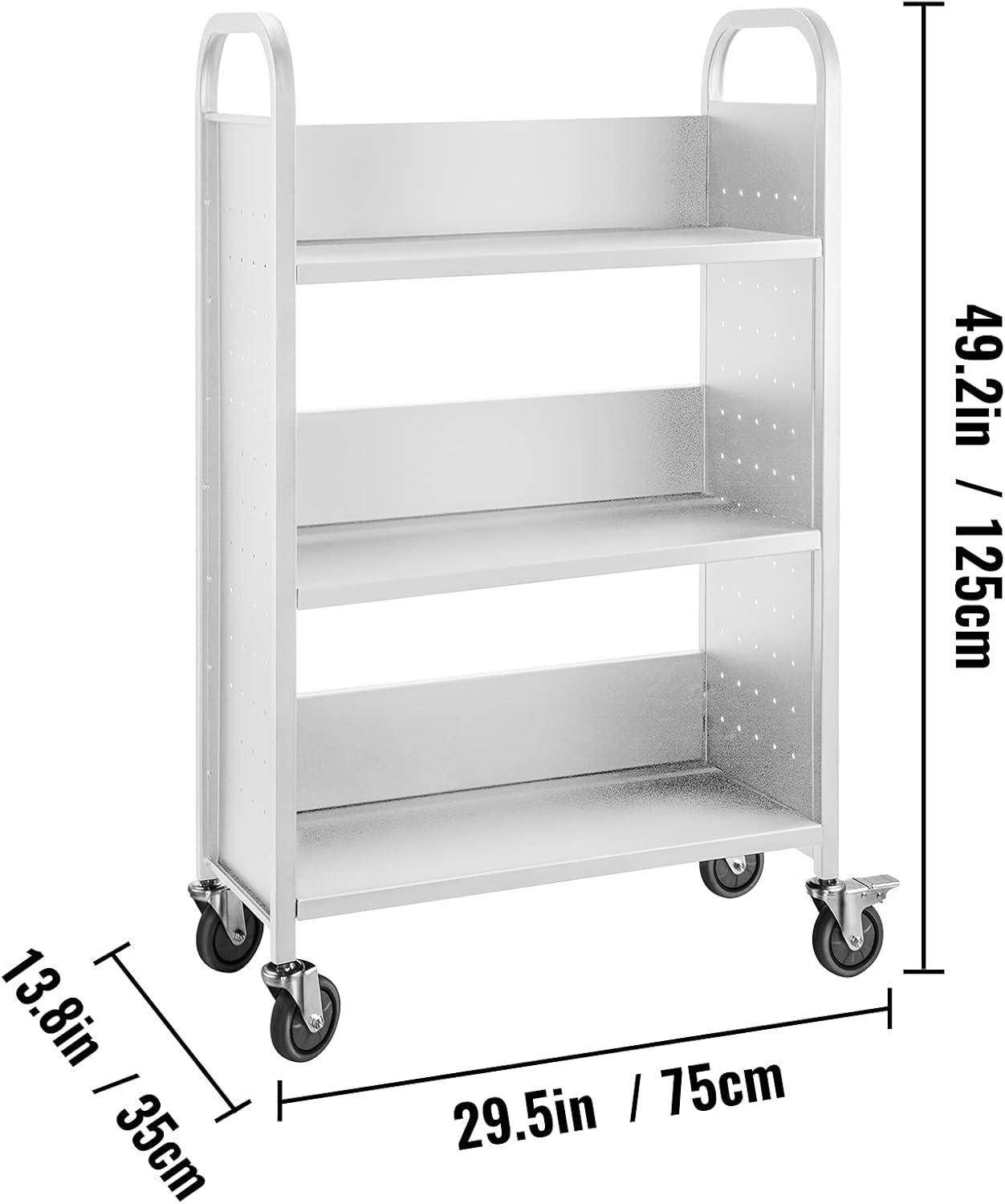 White Steel L-Shaped Rolling Book Cart with Lockable Wheels