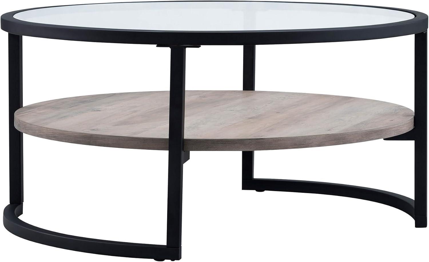 Modern Industrial Blackened Bronze Round Coffee Table with Gray Oak Shelf