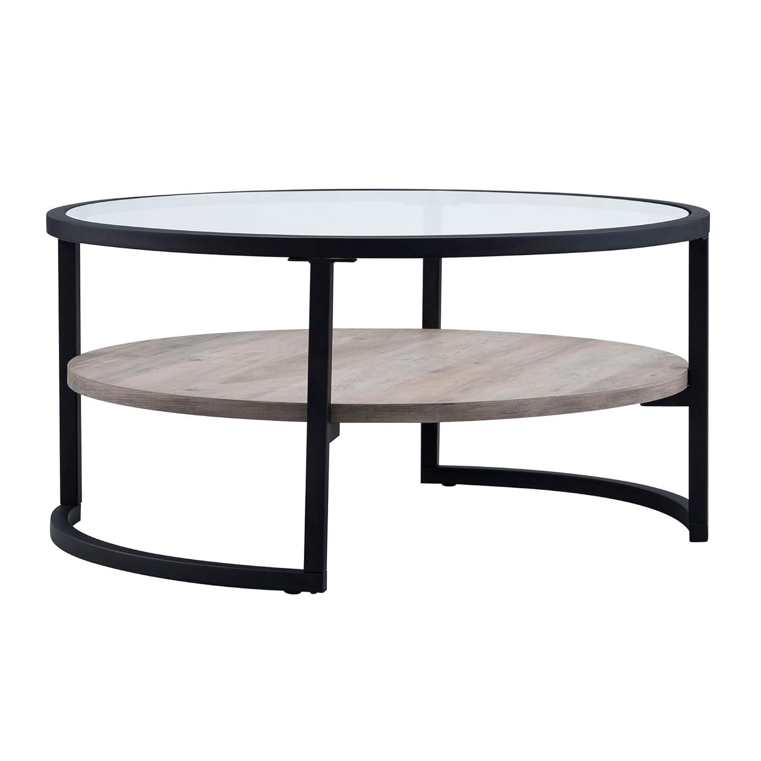 Evelyn&Zoe Winston 34.75" Wide Round Coffee Table, Blackened Bronze/Gray Oak