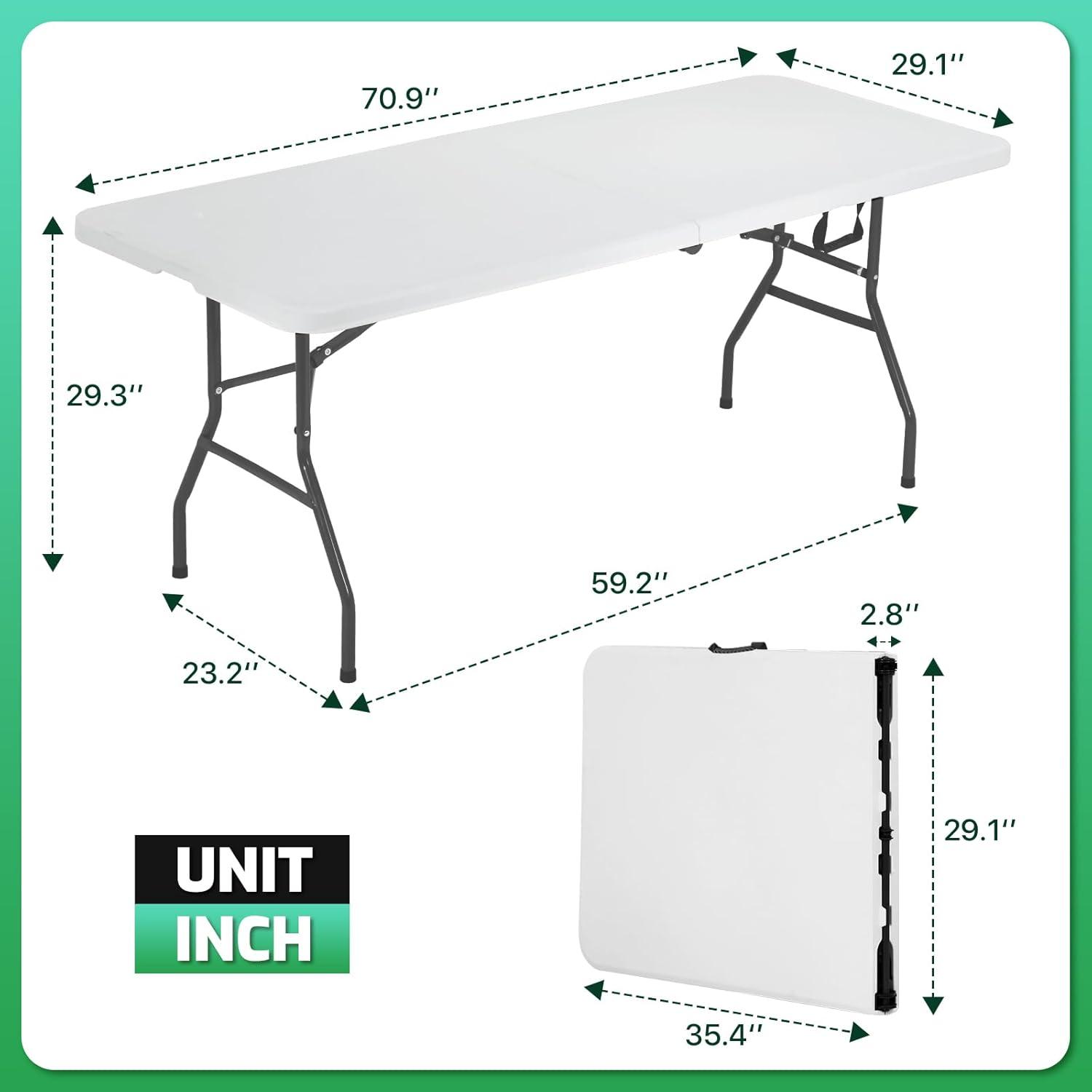 Folding Table 6 Foot,  Heavy-Duty, Portable Plastic Construction with Carrying Handle – Perfect for Picnics, Parties, and Office Indoor Outdoor Use, White