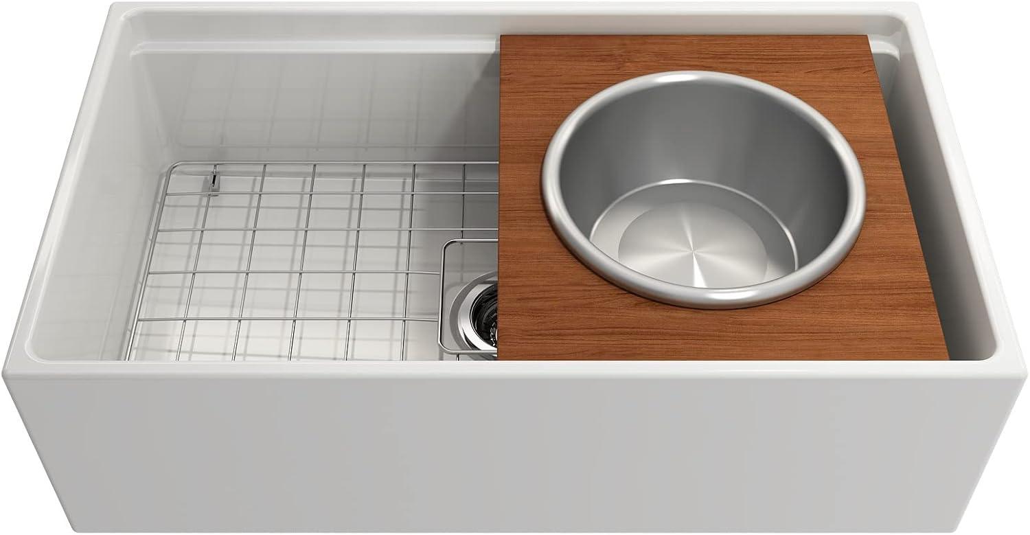 BOCCHI Wood Board With Large Round Stainless Steel Mixing Bowl And Colander F/1344, 1348, 1360, 1362, 1504, 1505, 1506 (Short Side Only), 1627, 1628