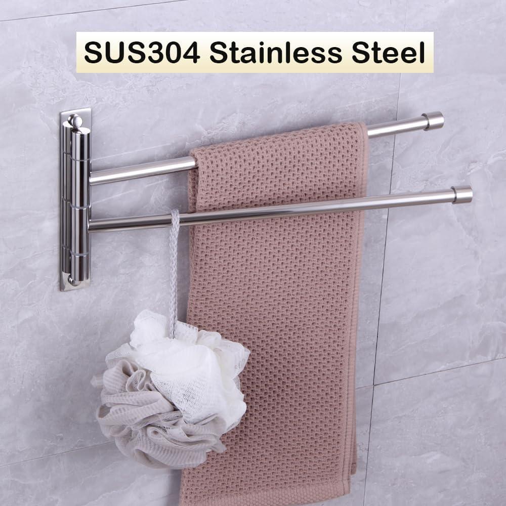 Stainless Steel Swing Out Towel Bar 2-Bar Folding Arm Swivel Hanger Bathroom Storage Organizer Rustproof Wall Mount Brushed Finish