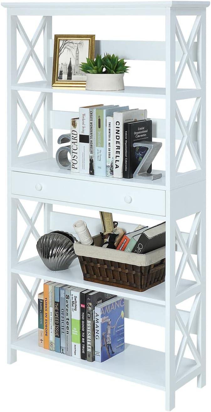 Oxford Elegance White Engineered Wood 5-Tier Bookcase with Drawer