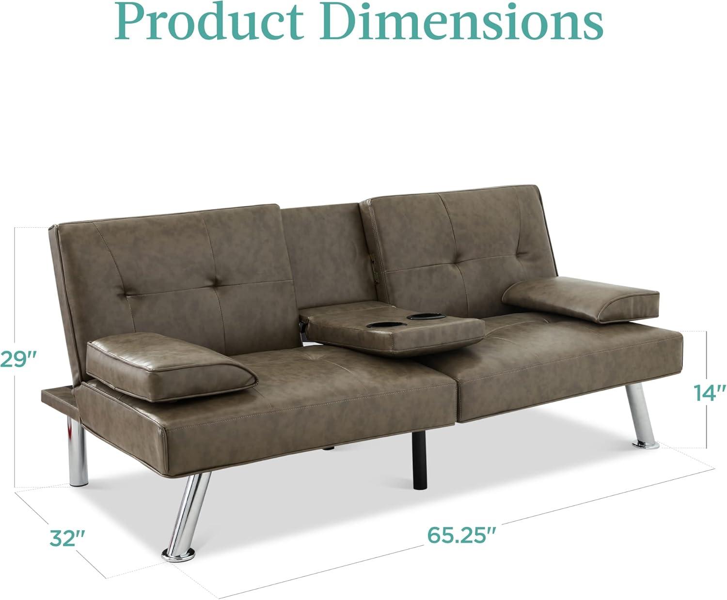 Best Choice Products Modern Faux Leather Convertible Futon Sofa w/ Removable Armrests, 2 Cupholders - Gray