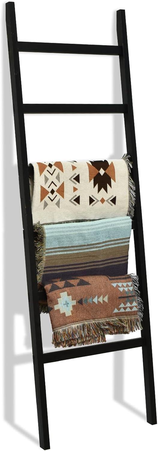 FUIN 6.4ft Extra Wide Wooden Blanket Ladder Living Room Decorative Wal Leaning Farmhouse Quilt Display Holder Rustic Wood Towel Rack for Bathroom, Black, 24 inch Wide