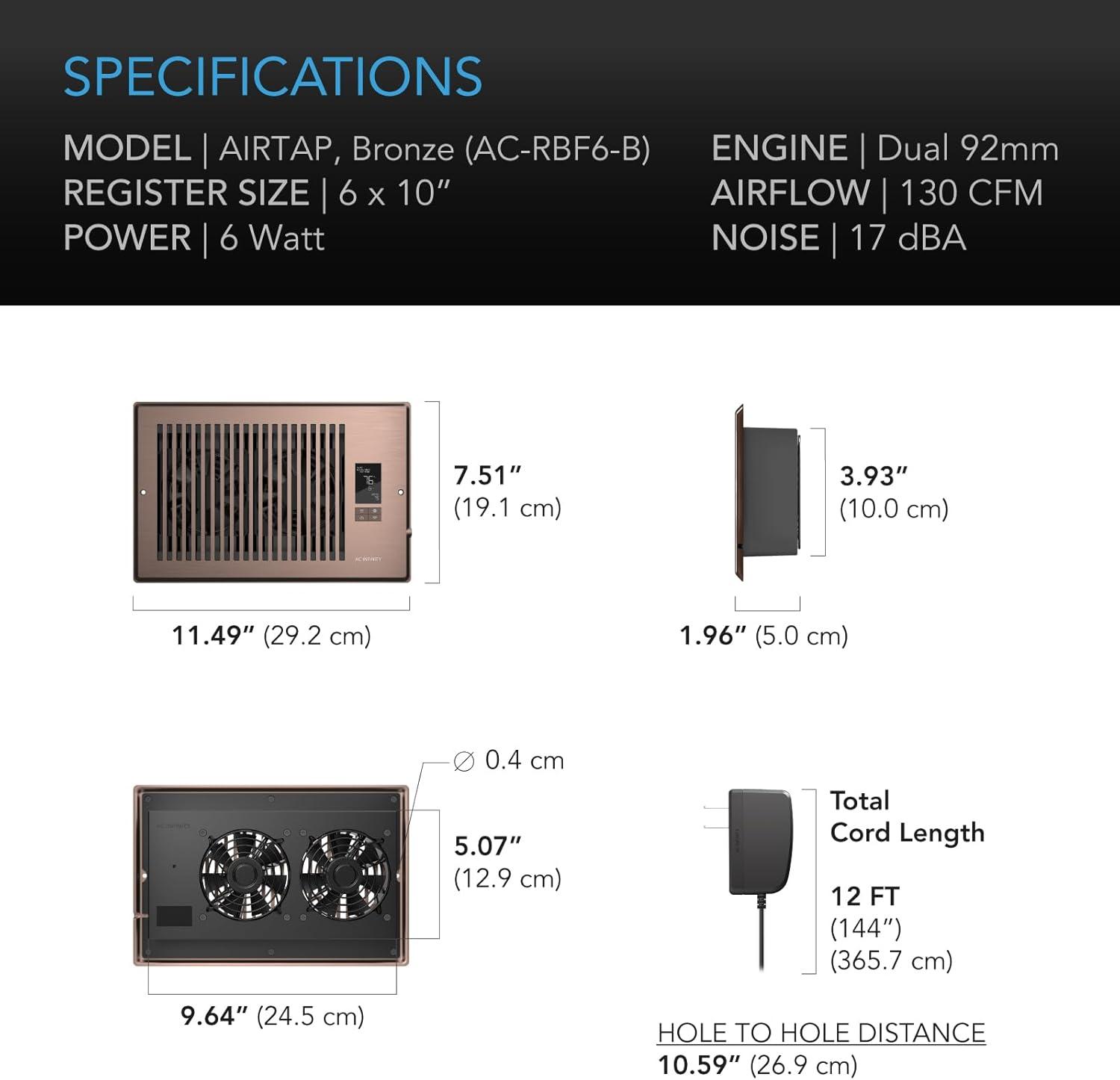 AC Infinity AIRTAP T6 Bronze, Register Booster Fan for 6” x 10” Register Holes, Improves Heating & Cooling Vents, Quiet 10-Speeds, Bluetooth App Control Data Alerts