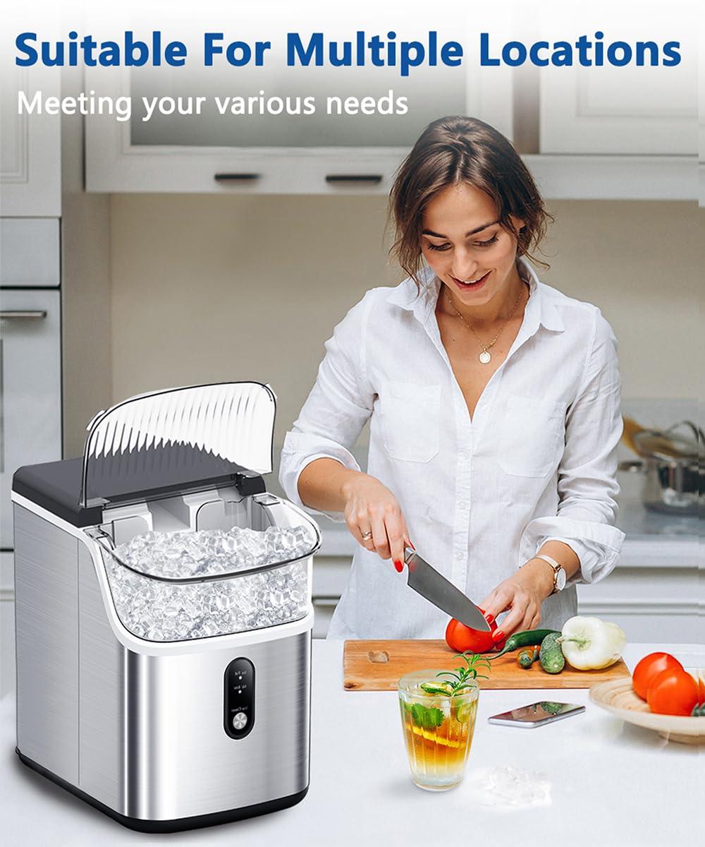 Stainless Steel Portable Countertop Nugget Ice Maker with Self-Cleaning