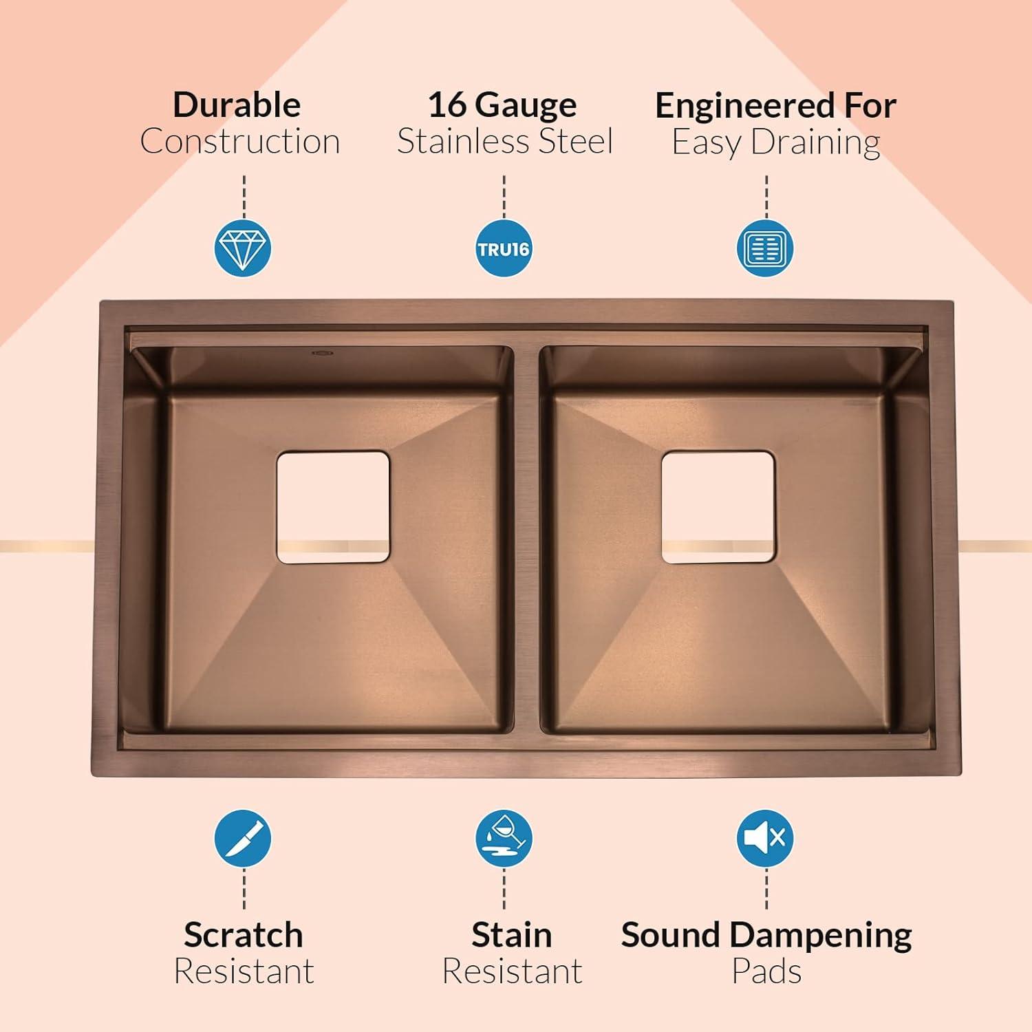 Strictly Sinks 32” Copper Undermount Workstation 16 Gauge Double Bowl Kitchen Sink Stain Resistant