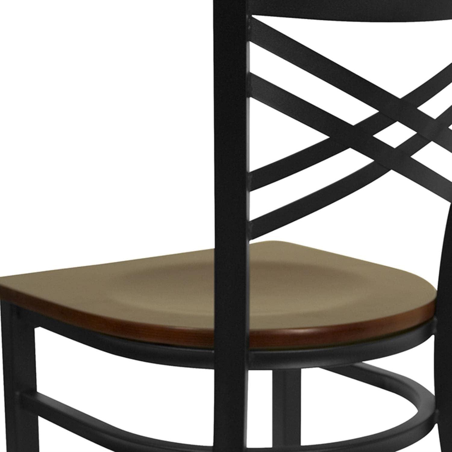 Flash Furniture HERCULES Series Black ''X'' Back Metal Restaurant Chair - Mahogany Wood Seat