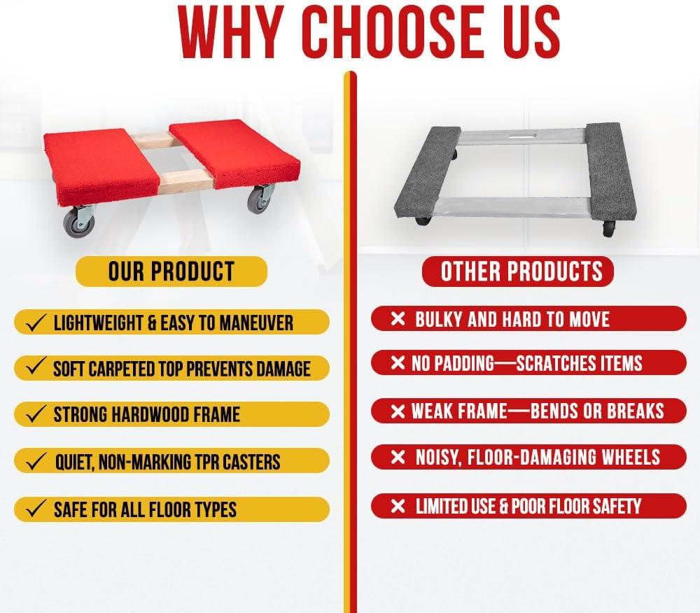 19" x 32" Carpeted Furniture Dolly 4 Wheels 1000 lbs. - Hardwood and Plywood Piano Moving Office Dolly with 3.5" x 4" Swivel Casters Mover