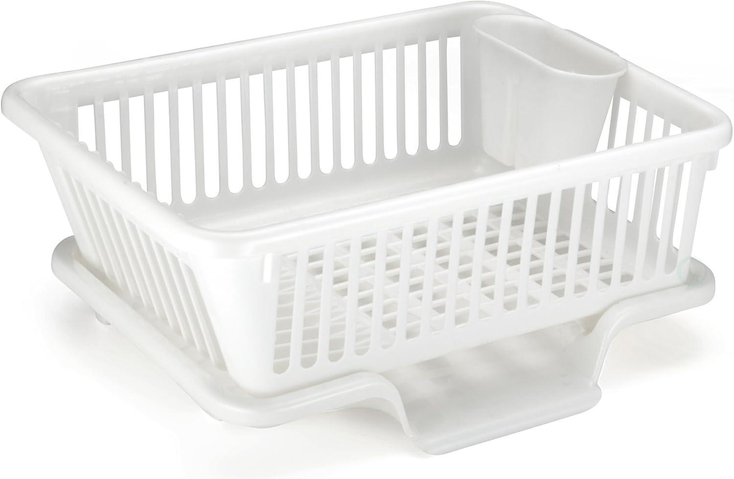 Basicwise Heavy Duty 2-Piece Plastic Dish Drying Rack Set in White - Includes Large Dish Drainer, Attached Drainboard, and Utensil Cup Holders for Home Kitchen Countertop Organization