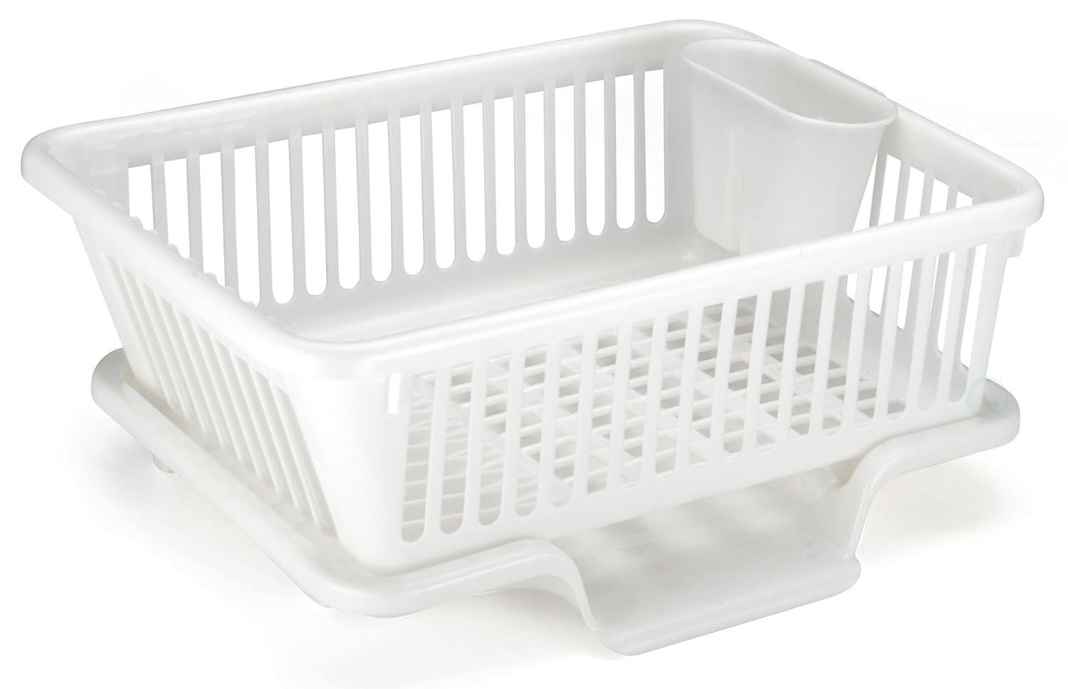 Basicwise Heavy Duty 2-Piece Plastic Dish Drying Rack Set in White - Includes Large Dish Drainer, Attached Drainboard, and Utensil Cup Holders for Home Kitchen Countertop Organization