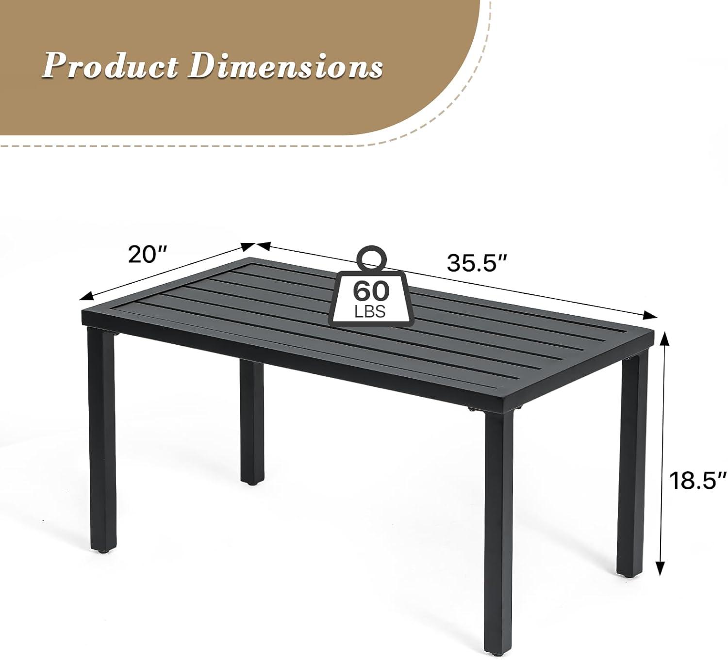 Athena Collection Small Outdoor Patio Coffee Table, 20 x 35 Retangular Metal Outdoor Patio End Table with Slatted Tabletop Waterproof for Indoor, Outside, Bistro, Balcony, Garden, Black