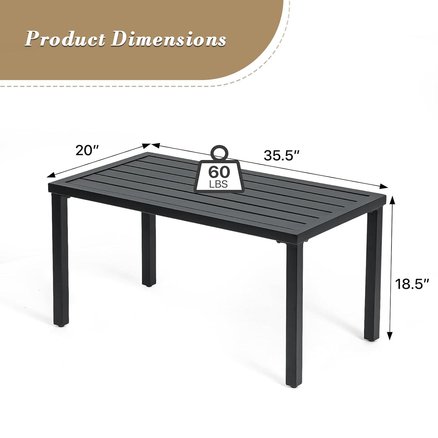 Athena Collection Small Outdoor Patio Coffee Table, 20 x 35 Retangular Metal Outdoor Patio End Table with Slatted Tabletop Waterproof for Indoor, Outside, Bistro, Balcony, Garden, Black