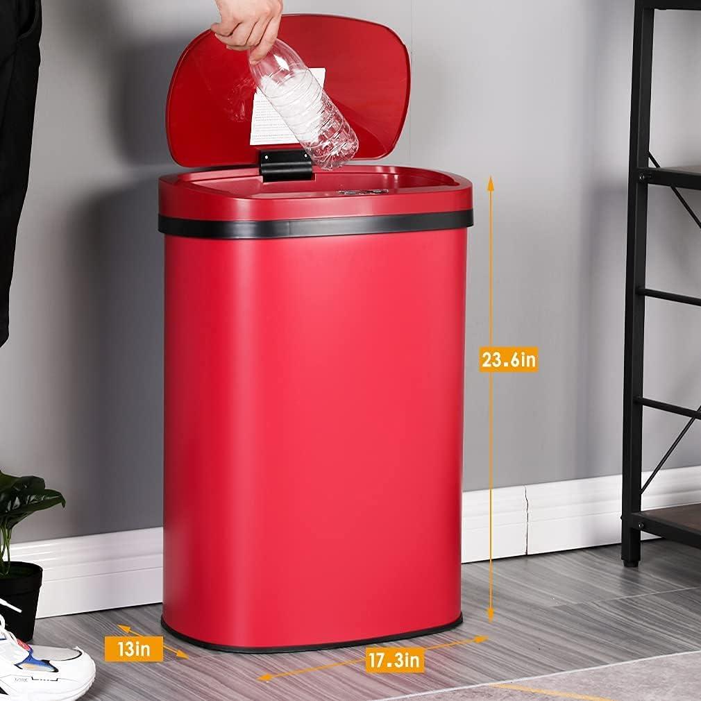 13 Gallon 50L Touch Automatic Stainless Steel Trash Can Garbage Can Metal Trash Bin with Lid for Kitchen Living Room Office Bathroom, Electronic Sensor Automatic Trash Can - Red