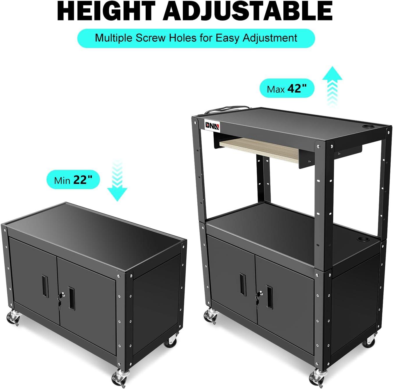 Black Adjustable Steel AV Cart with Storage Cabinet and Power Strip