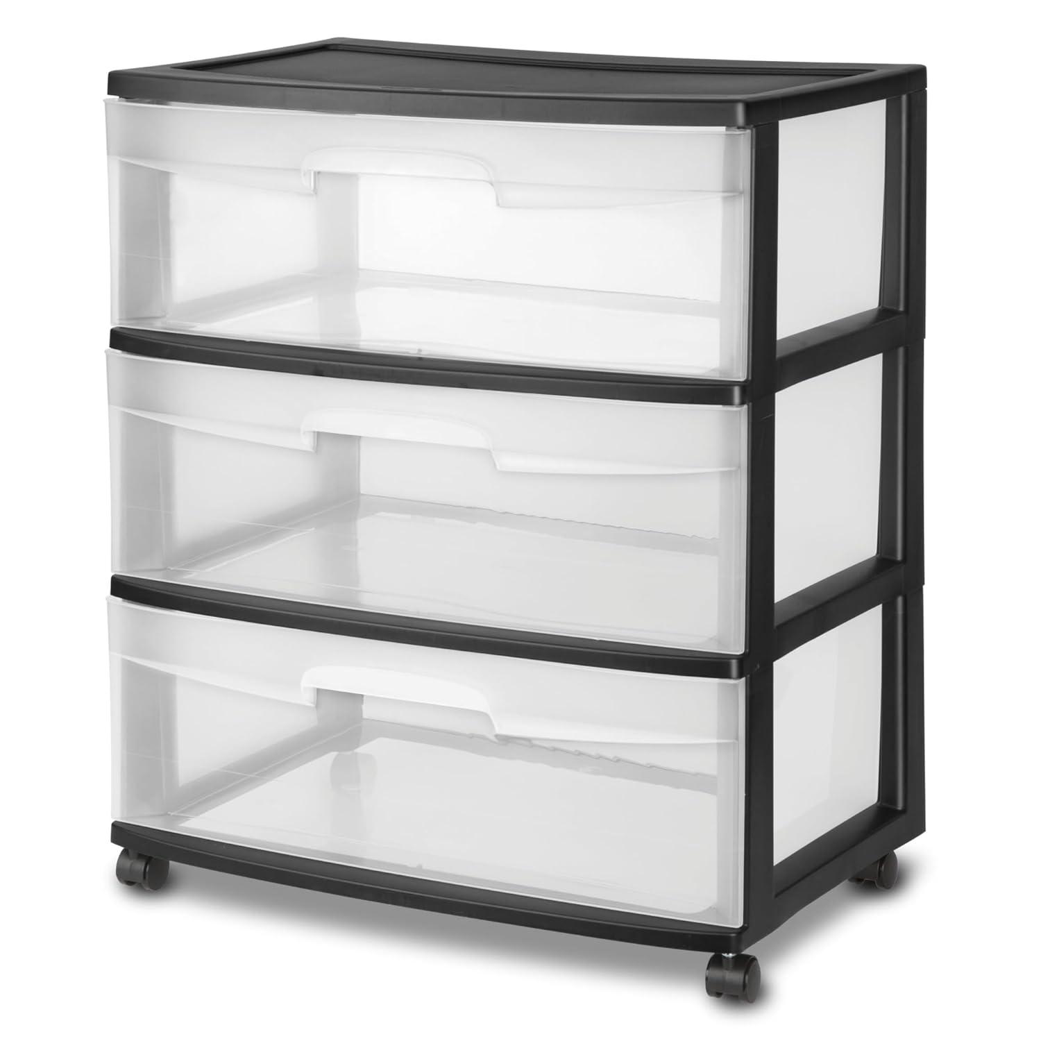 Sterilite Storage Drawer, 3 Drawer Wide Plastic Storage Cart with Clear Pull Out Drawers, Black