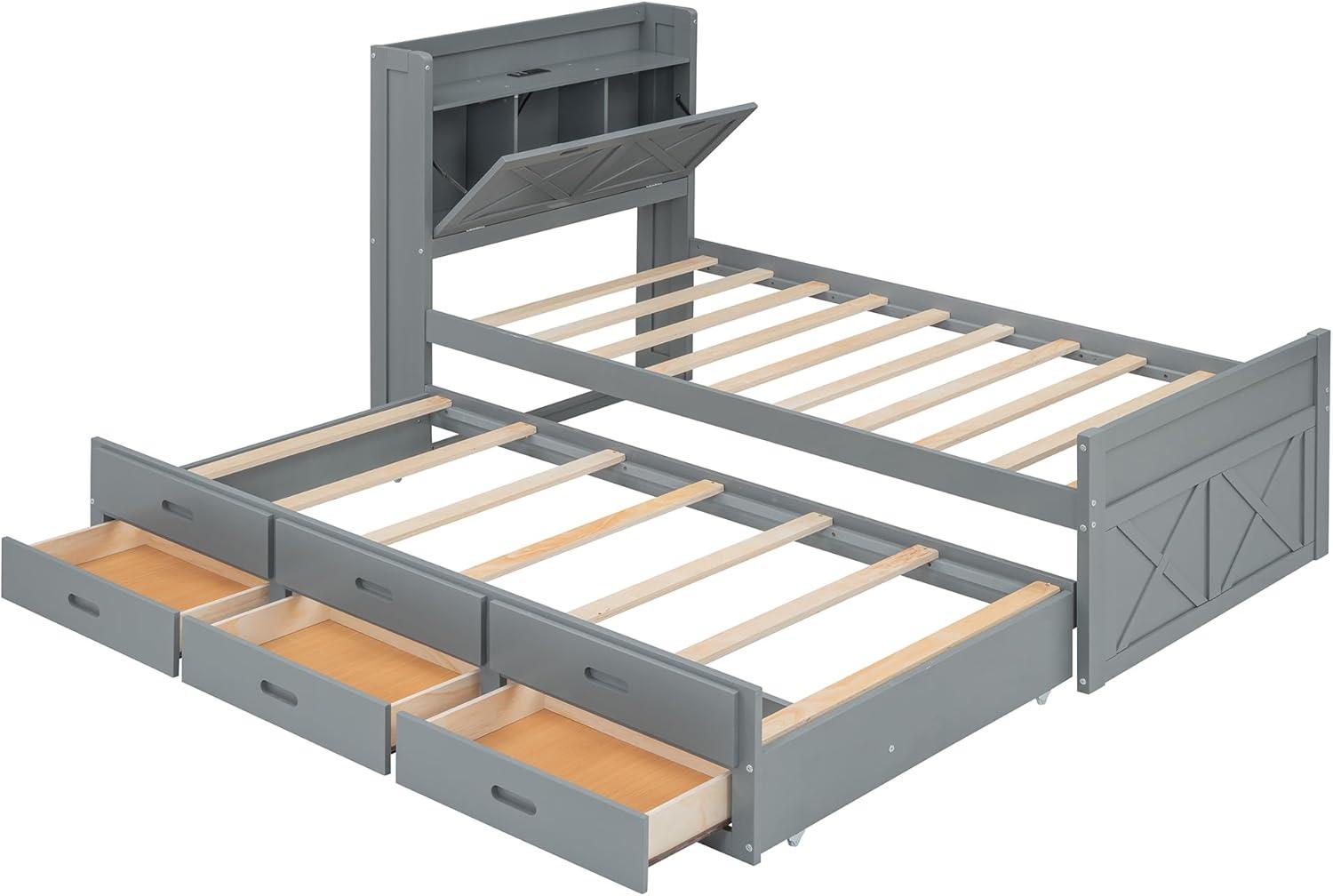 Gray Twin Wood Bed with Storage Drawers and Trundle