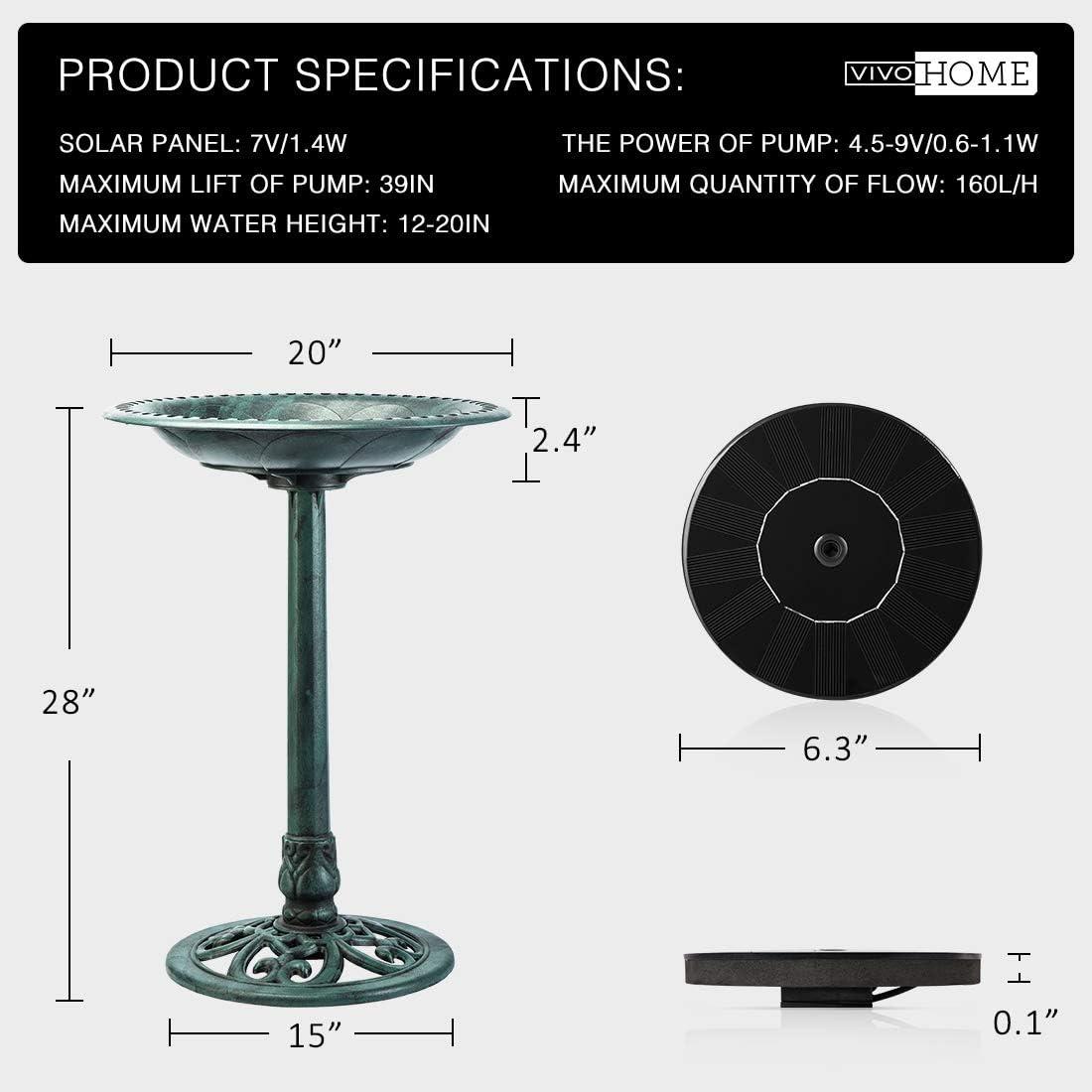 SPECSTAR Bird Bath, Polyresin Antique Outdoor Green Garden Birdbath and Solar Powered Round Pond Fountain Combo Set