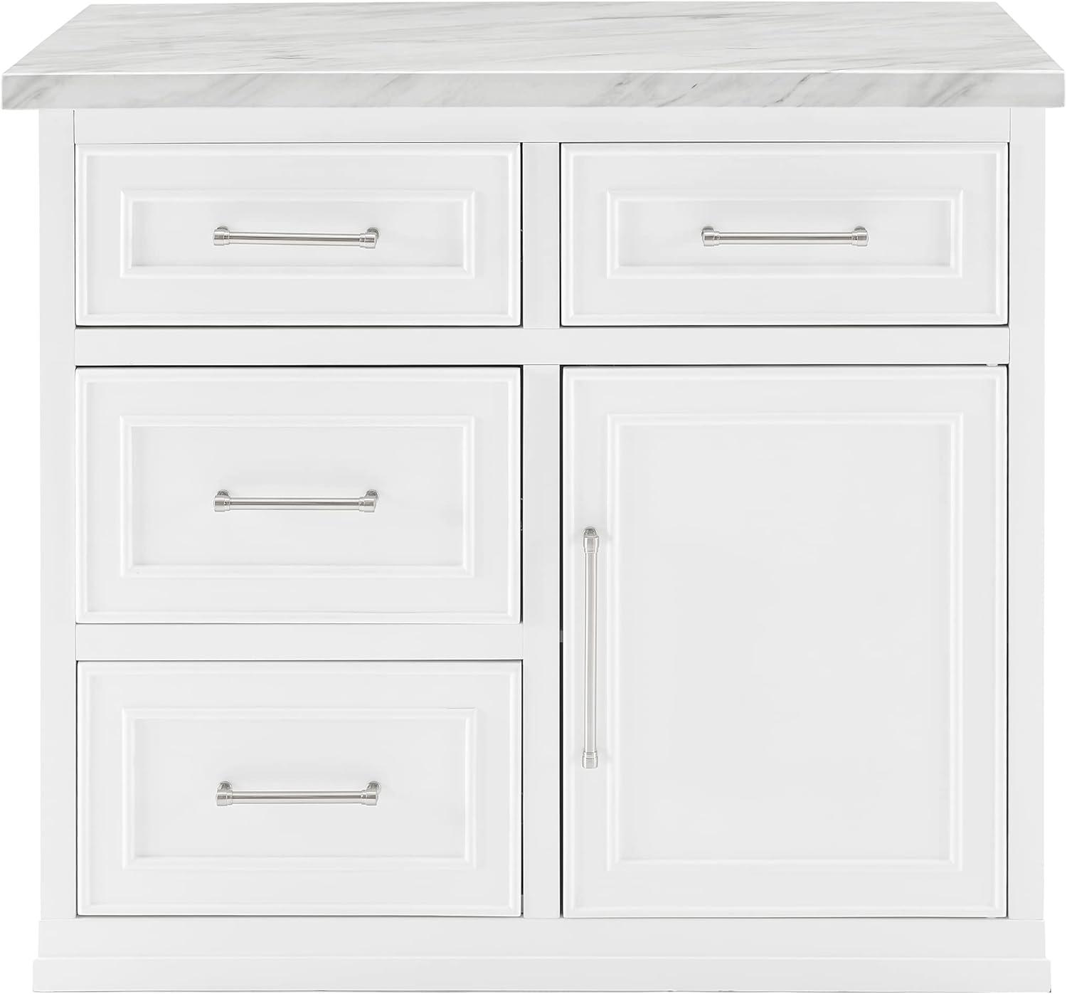 Crosley Cutler Faux Marble Top Kitchen Island White/White Marble: Traditional Style Cart with Adjustable Shelves, Storage