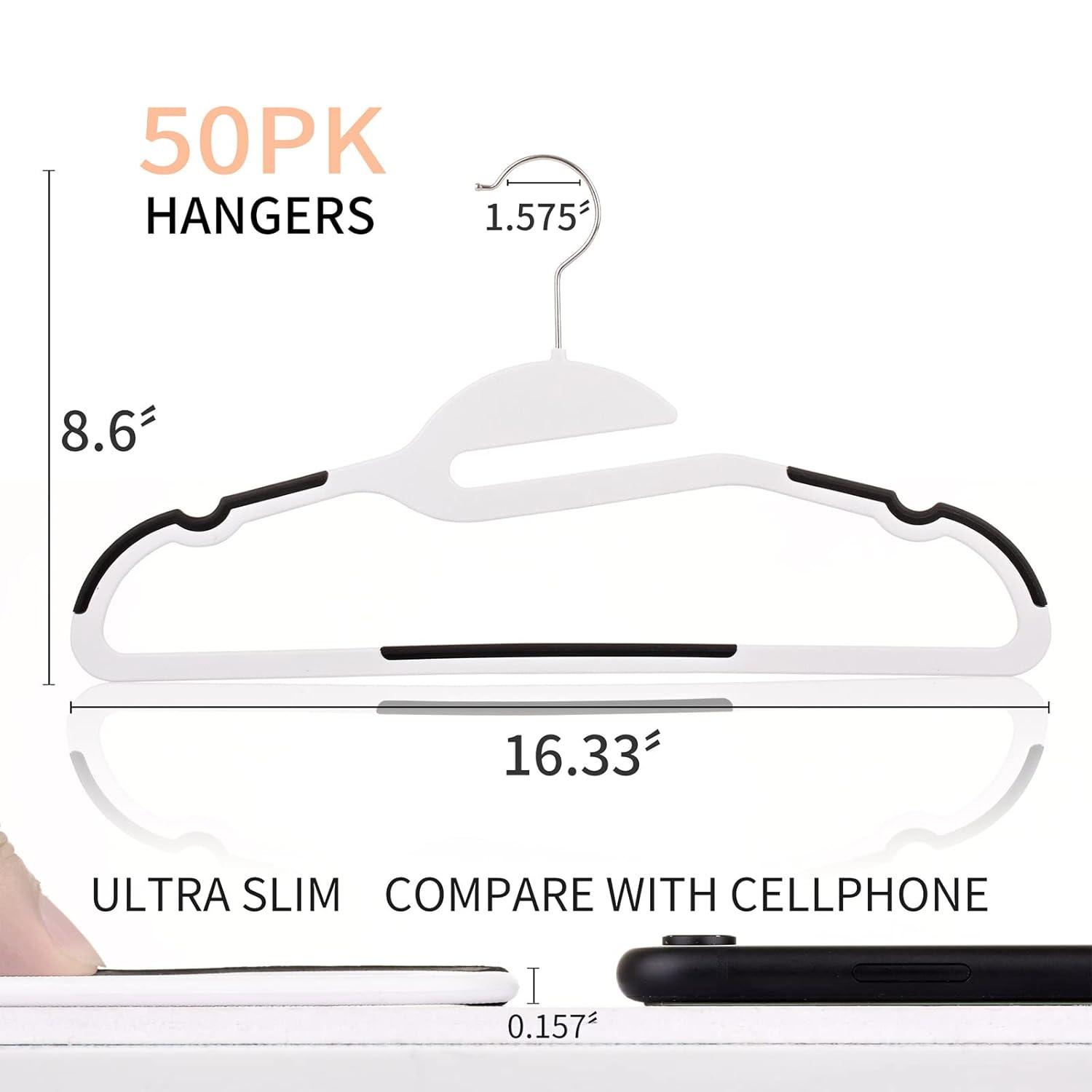 50PK Coat Hangers Non Slip - Space Saving Plastic Clothes Hangers, Slim Pant Hangers, U-Slide, Heavy Duty, 360°Swivel Hook, White